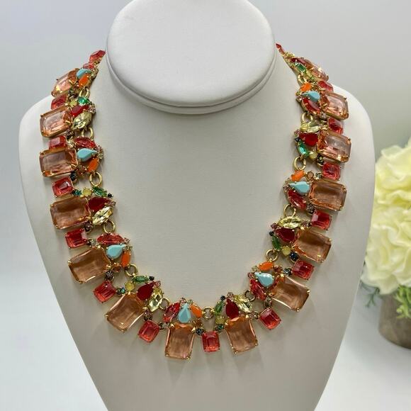 J. Crew Cluster Multicolor Emerald-Cut Crystals Jewel-Tone Collar Necklace - Picture 1 of 12